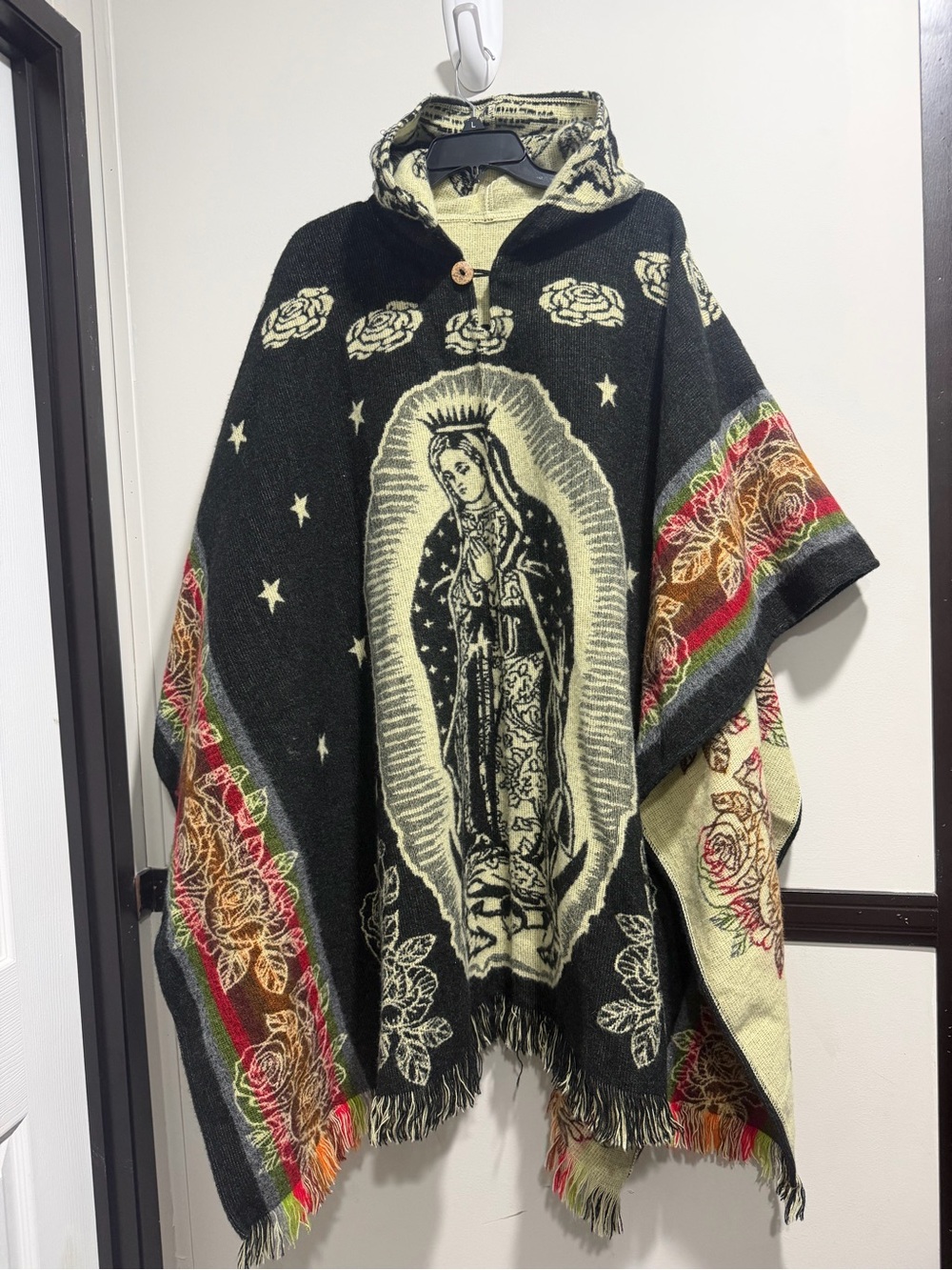 Hooded Virgin Mary Cardigan Poncho - Black & Cream Floral